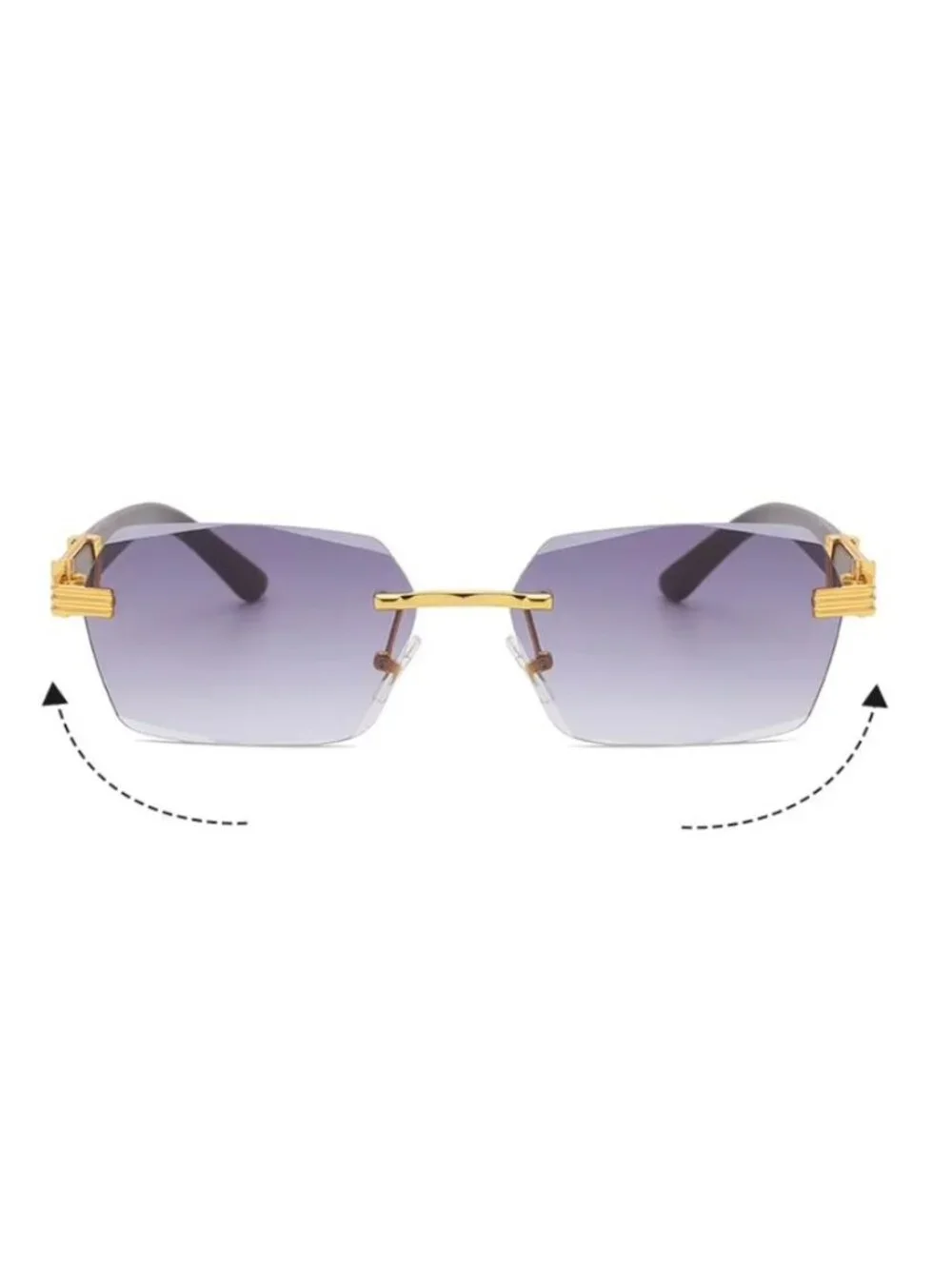 Retro Unisex Rimless Black/Grey Gradient Sunglasses W/ Gold-Tone & Wooden Arms